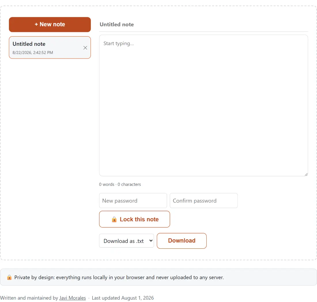 Screenshot of the Online Notepad result screen showing a new note open and timestamped, with a live word and character count, a lock option for the note, and downloads as .txt or .md