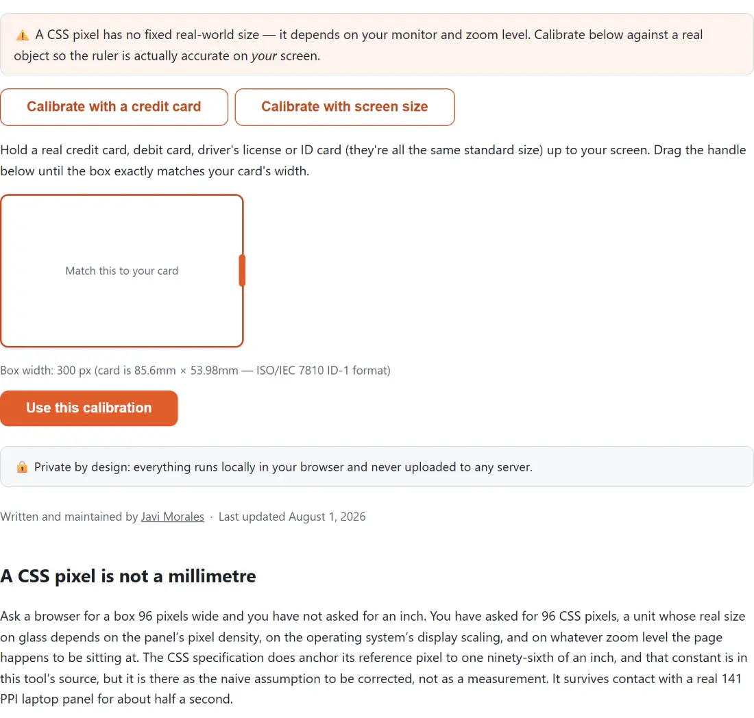Screenshot of the Online Ruler tool with an on-screen ruler that opens by admitting its own problem - a CSS pixel has no fixed real-world size, since it depends on the monitor and the zoom level - and offers calibration against a real object so the measurements are actually true on that display