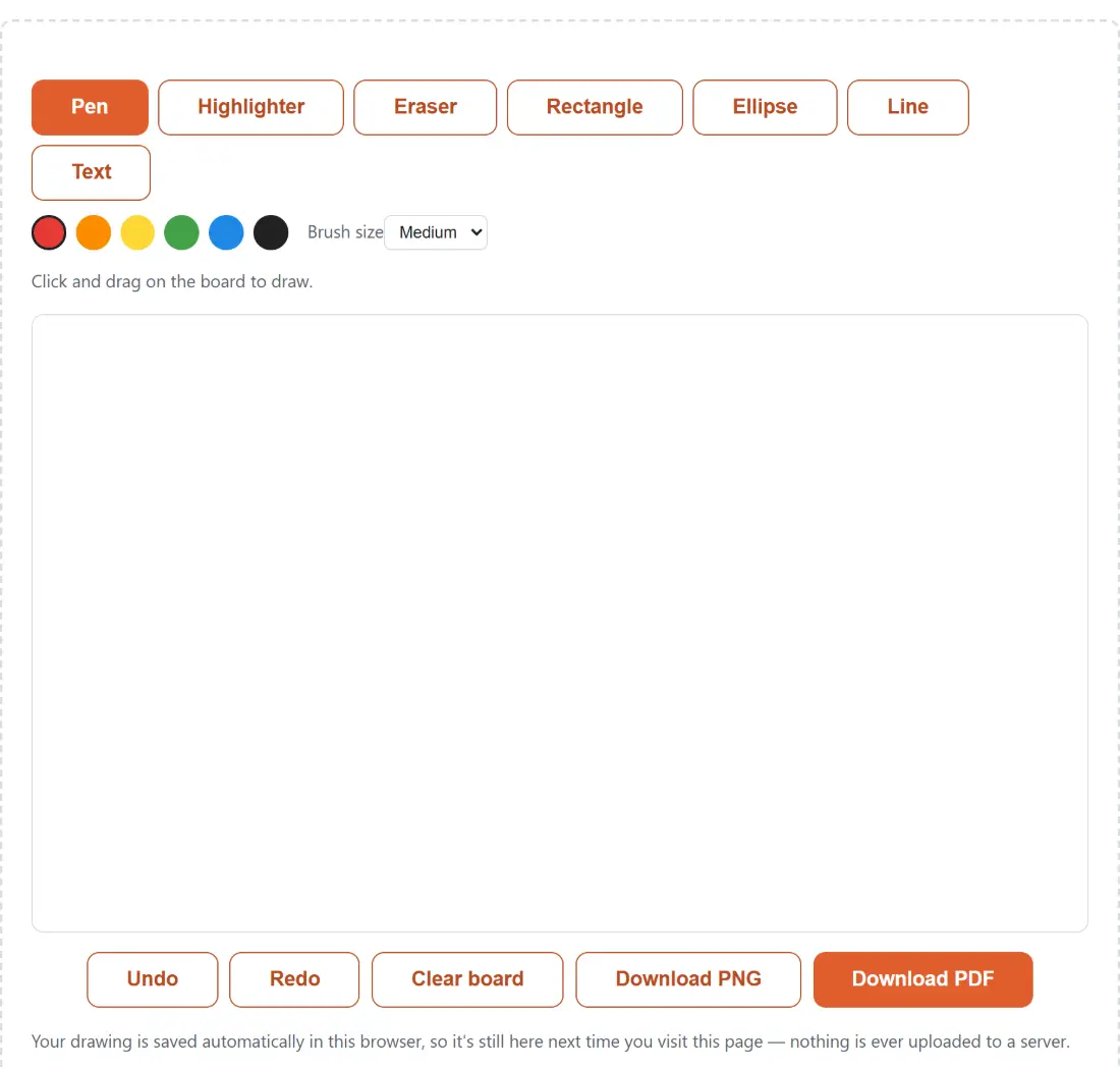 Screenshot of the Online Whiteboard tool with a drawing board with pen, highlighter, eraser, rectangle, ellipse, line and text tools, thin/medium/thick brush sizes, undo, redo and clear, and a PNG download