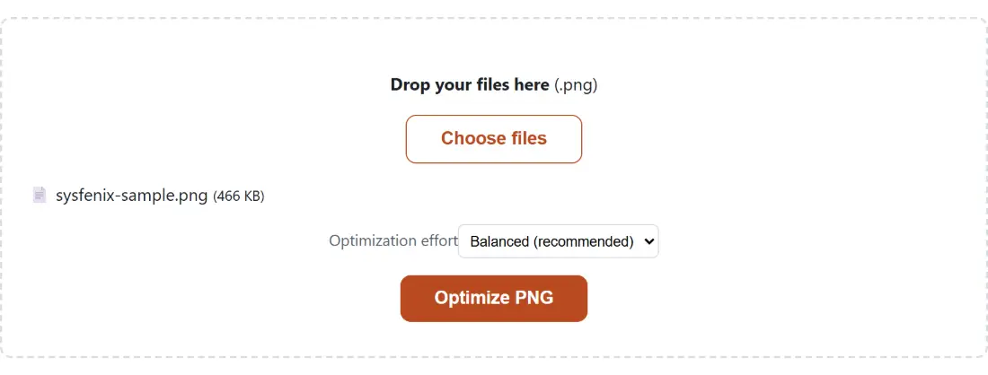 Screenshot of the Optimize PNG tool with sysfenix-sample.png (466 KB) loaded, Optimization effort set to Balanced (recommended)