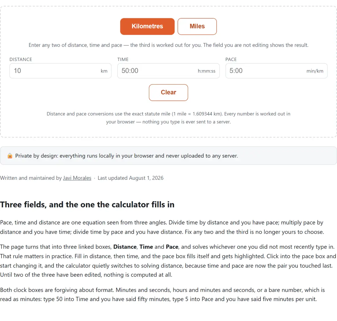 Screenshot of the Running Pace Calculator tool with a kilometres/miles switch above distance, time and pace, where entering any two works out the third - the field you are not editing is the one showing the result