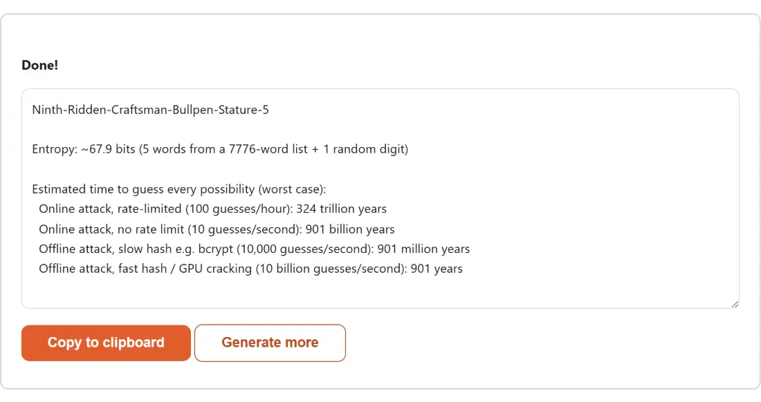 Screenshot of the Passphrase Generator result screen showing the generated output “Ninth-Ridden-Craftsman-Bullpen-Stature-5 Entropy…”