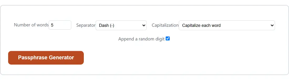 Screenshot of the Passphrase Generator tool with Number of words set to 5, Separator set to Dash (-)