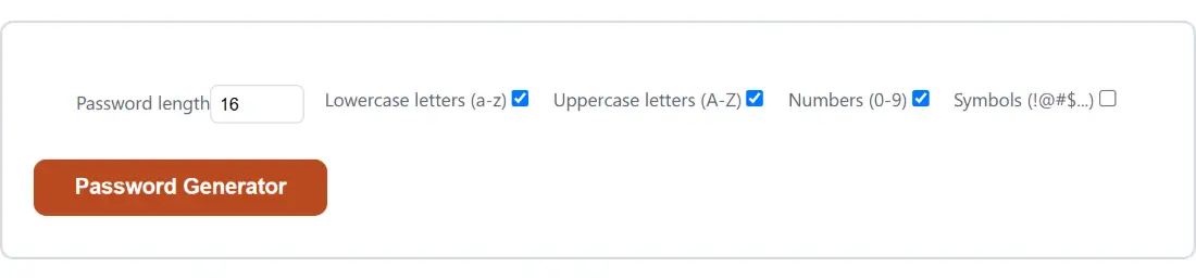 Screenshot of the Password Generator tool with Password length set to 16, Lowercase letters (a-z) set to on