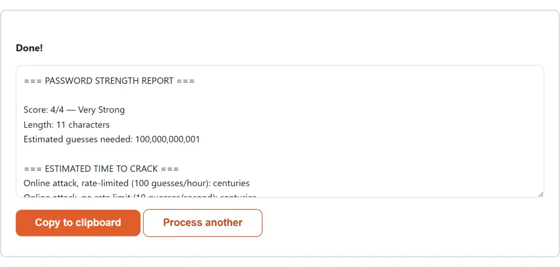 Screenshot of the Password Strength Checker result screen showing the generated output “=== PASSWORD STRENGTH REPORT === Score: 4/4 — Ve…”