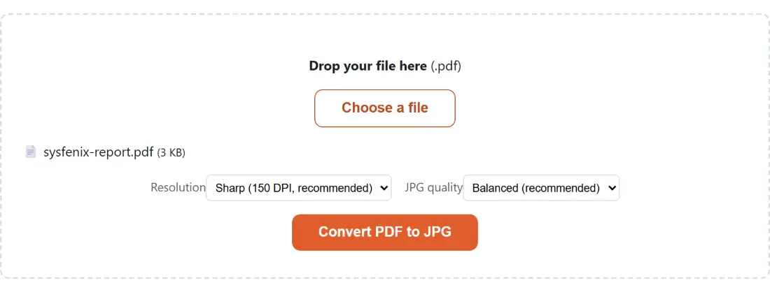 Screenshot of the Convert PDF to JPG tool with sysfenix-report.pdf (3 KB) loaded, Resolution set to Sharp (150 DPI, recommended), JPG quality set to Balanced (recommended)