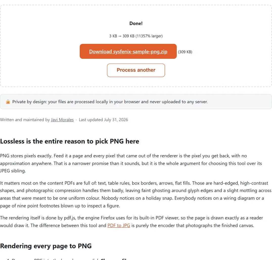 Screenshot of the Convert PDF to PNG result screen showing sysfenix-sample-png.zip ready to download (309 KB, 11357% larger)