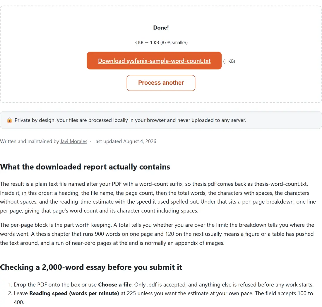 Screenshot of the PDF Word Counter result screen showing sysfenix-sample-word-count.txt ready to download (346 B, 87% smaller)