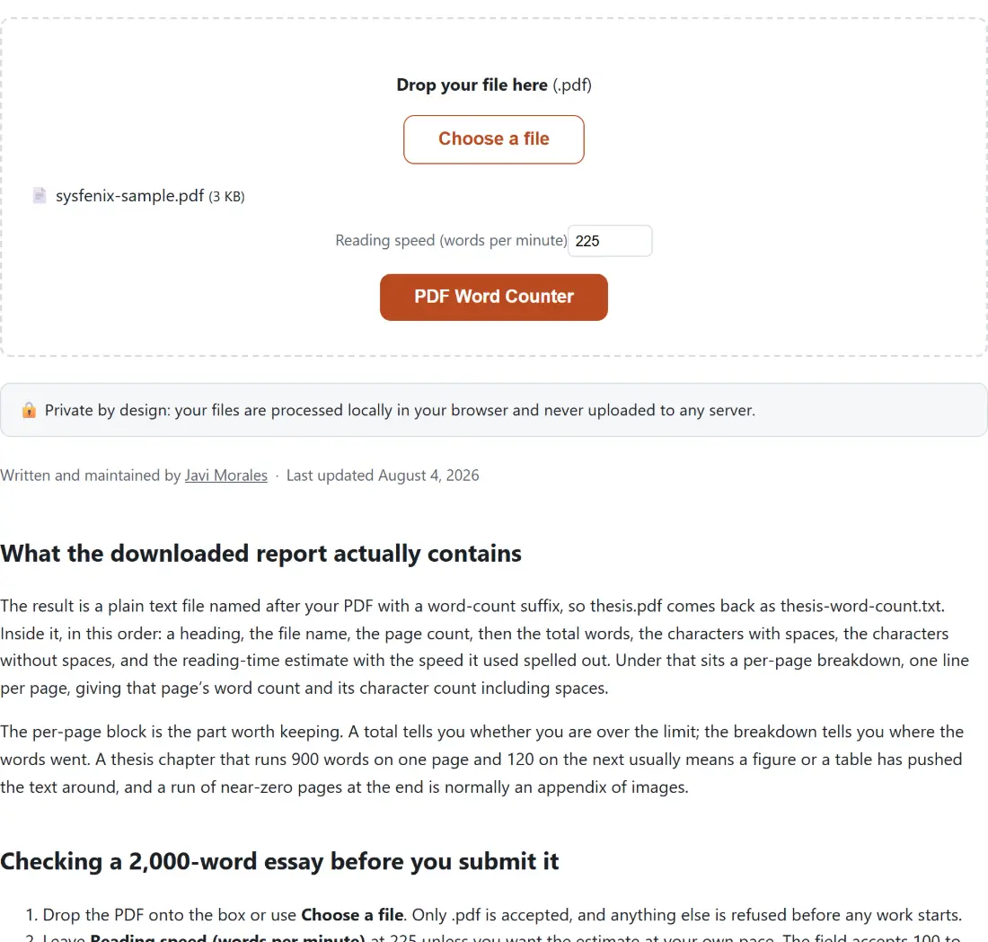 Screenshot of the PDF Word Counter tool with sysfenix-sample.pdf (3 KB) loaded, Reading speed (words per minute) set to 225