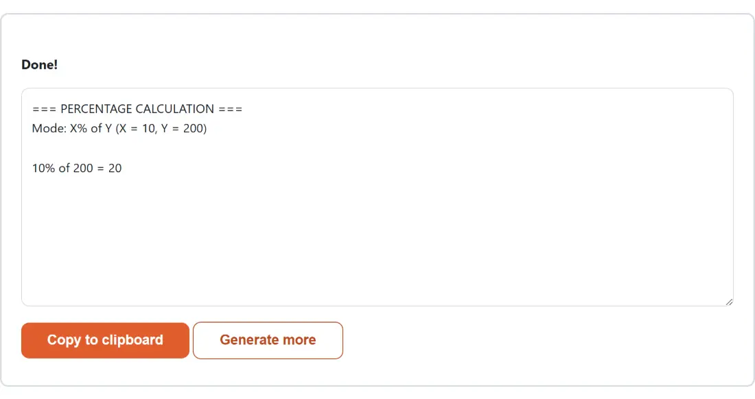 Screenshot of the Percentage Calculator result screen showing the generated output “=== PERCENTAGE CALCULATION === Mode: X% of Y (X …”