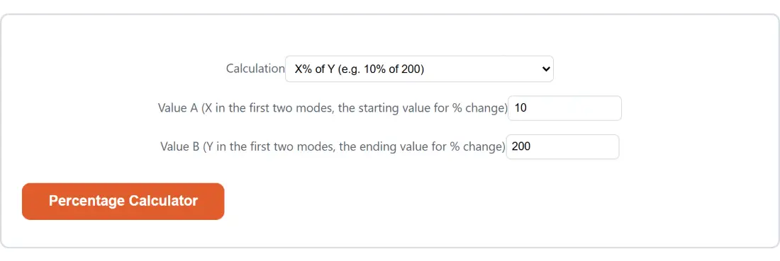 Screenshot of the Percentage Calculator tool with Calculation set to X% of Y (e.g. 10% of 200), Value A (X in the first two modes, the starting value for % change) set to 10