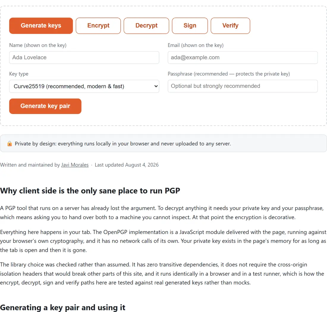 Screenshot of the PGP Encrypt & Decrypt Tool tool with tabs for generating keys, encrypting, decrypting, signing and verifying, with the key type chosen between Curve25519 - recommended as modern and fast - and RSA 3072-bit