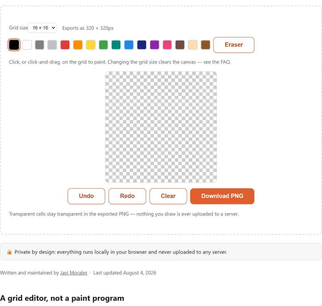 Screenshot of the Pixel Art Maker tool with a paintable canvas with grid sizes from 8x8 to 32x32 exporting at 320x320px, a colour swatch and eraser, undo, redo and clear, and a note that transparent cells stay transparent in the downloaded PNG