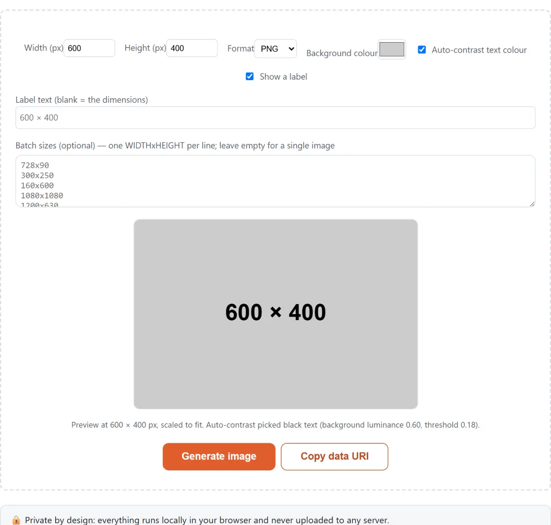 Screenshot of the Placeholder Image Generator tool with width and height in pixels with a format choice of PNG, JPG, WebP or SVG, a background colour with auto-contrast label text, and an optional batch field taking several WIDTHxHEIGHT sizes at once