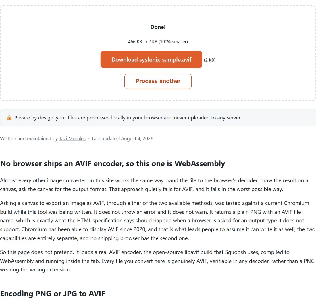 Screenshot of the Convert PNG to AVIF result screen showing sysfenix-sample.avif ready to download (2 KB, 100% smaller)