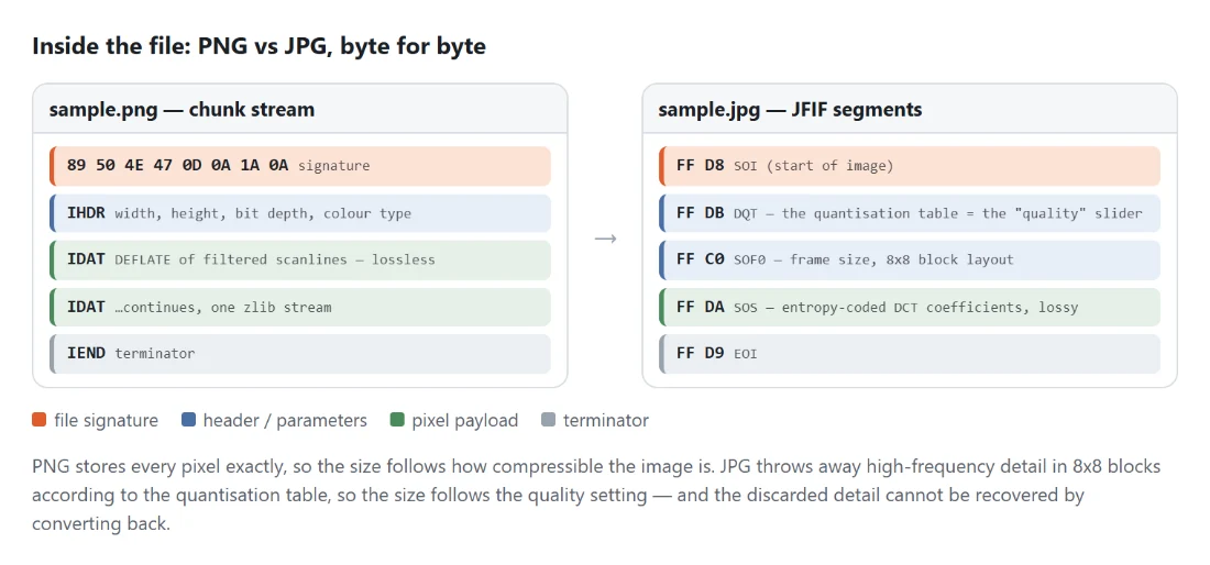 Diagram: how the bytes of a PNG file are laid out compared with a JPG file — lossless filtered scanlines in a chunk stream versus quantised DCT blocks in JFIF segments