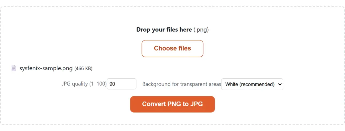 Screenshot of the Convert PNG to JPG tool with sysfenix-sample.png (466 KB) loaded, JPG quality (1–100) set to 90, Background for transparent areas set to White (recommended)