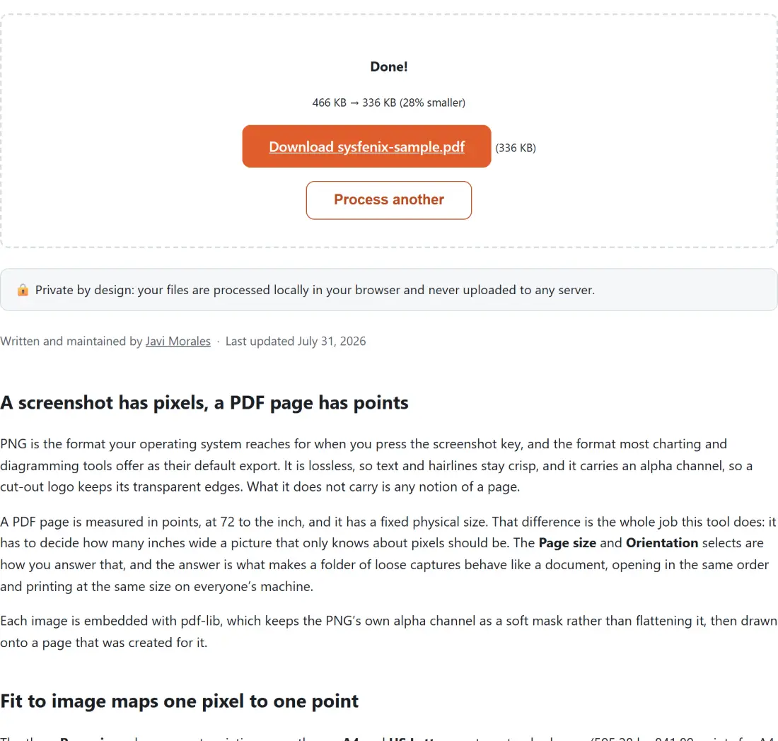 Screenshot of the Convert PNG to PDF result screen showing sysfenix-sample.pdf ready to download (336 KB, 28% smaller)