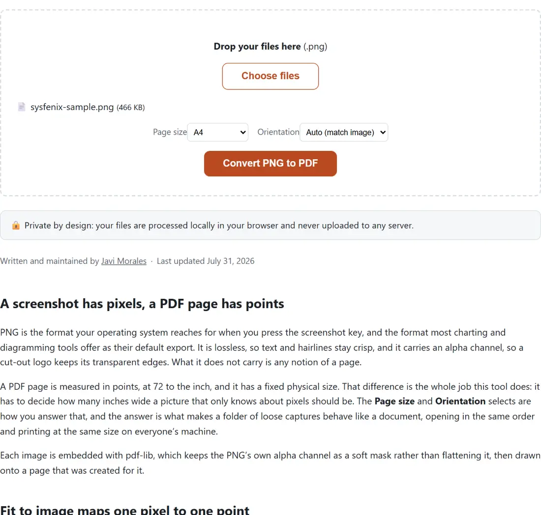 Screenshot of the Convert PNG to PDF tool with sysfenix-sample.png (466 KB) loaded, Page size set to A4, Orientation set to Auto (match image)