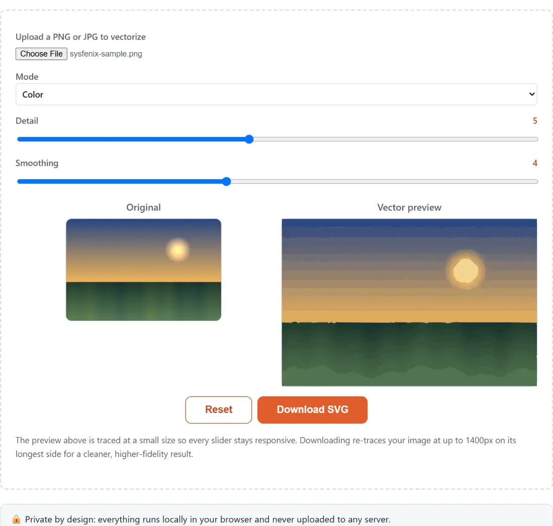 Screenshot of the PNG to SVG Converter (Image Vectorizer) result screen showing the raster image traced into vector paths, previewed as SVG beside the tracing controls