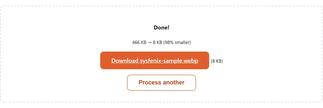 Screenshot of the Convert PNG to WebP result screen showing sysfenix-sample.webp ready to download (8 KB, 98% smaller)
