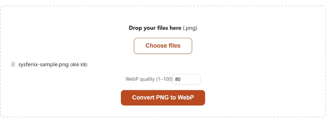 Screenshot of the Convert PNG to WebP tool with sysfenix-sample.png (466 KB) loaded, WebP quality (1–100) set to 80