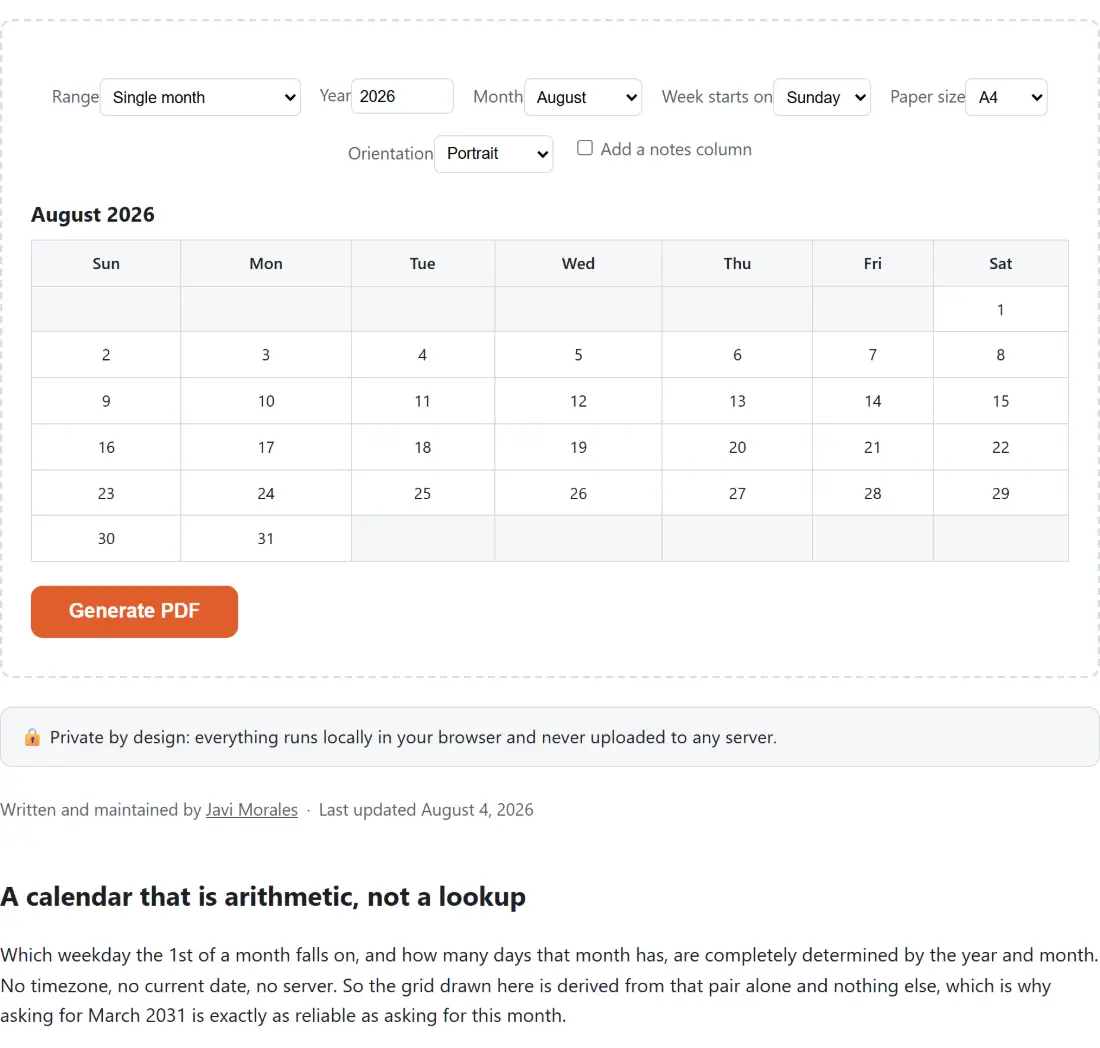 Screenshot of the Printable Calendar Generator tool with a calendar builder offering a single month or a whole 12-page year, with the week starting Sunday or Monday, A4 or Letter paper and orientation, previewed before the PDF is generated