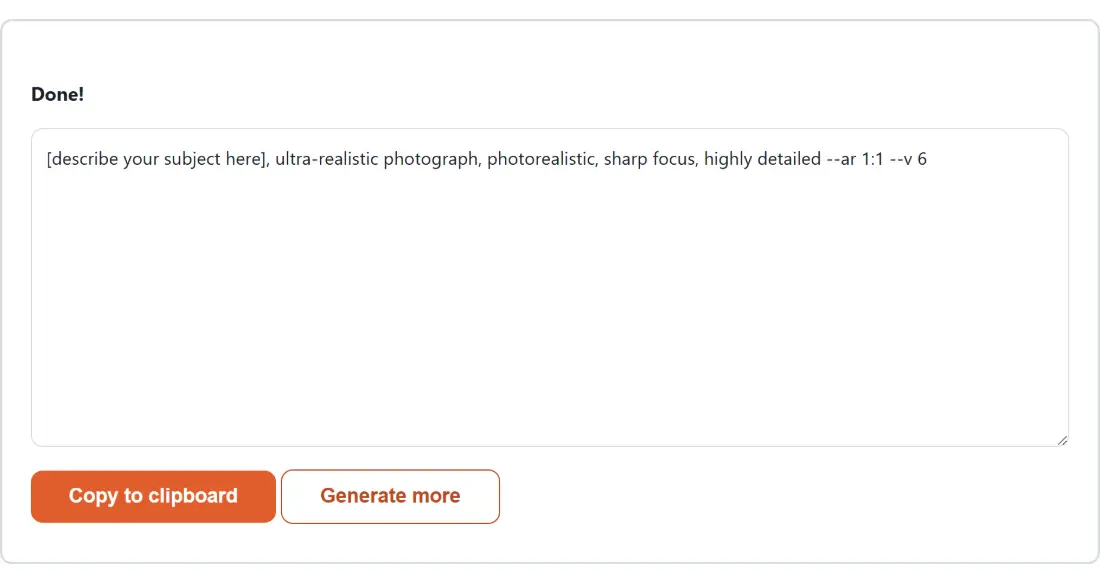 Screenshot of the AI Image Prompt Builder result screen showing the generated output “[describe your subject here], ultra-realistic ph…”