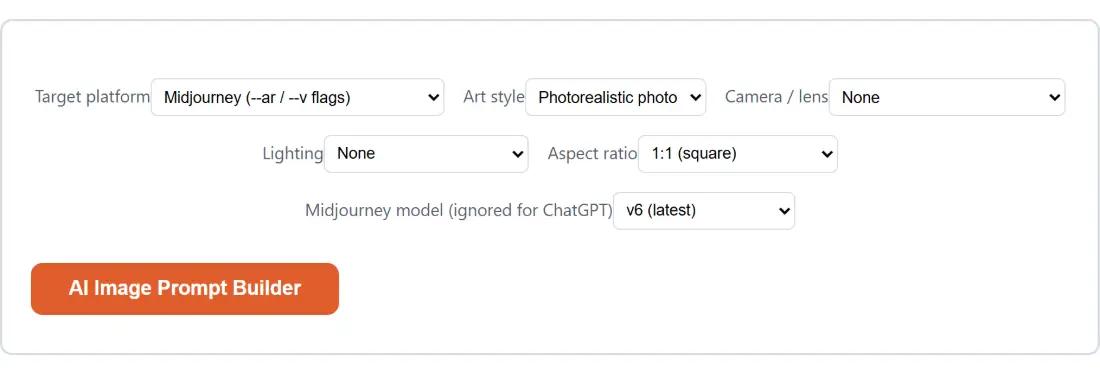 Screenshot of the AI Image Prompt Builder tool with Target platform set to Midjourney (--ar / --v flags), Art style set to Photorealistic photo