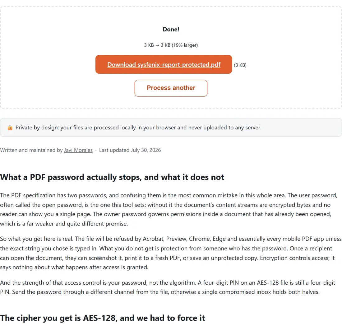 Screenshot of the Password Protect a PDF result screen showing sysfenix-report-protected.pdf ready to download (3 KB, 20% larger)