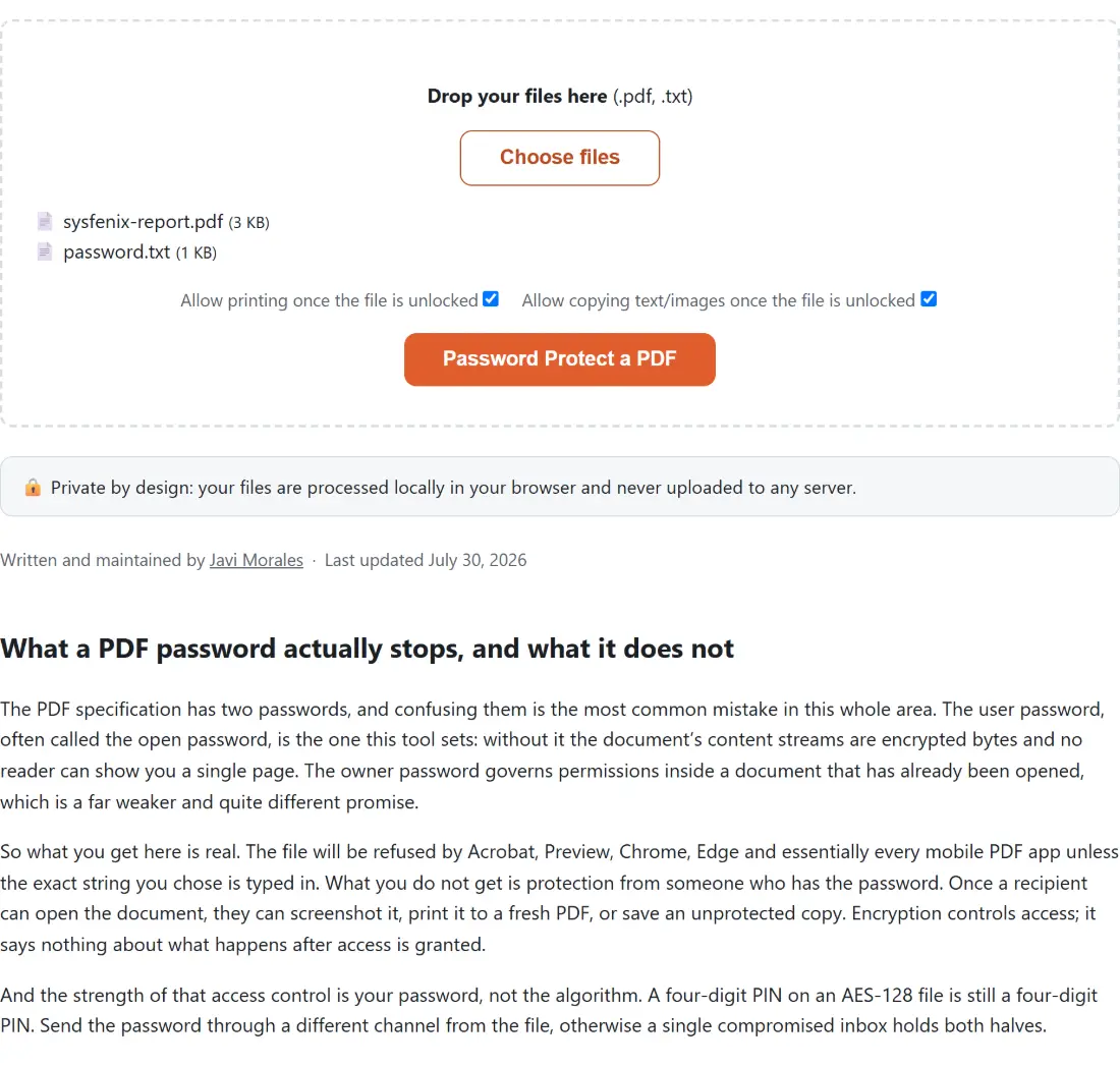 Screenshot of the Password Protect a PDF tool with sysfenix-report.pdf (3 KB) loaded, Allow printing once the file is unlocked set to on, Allow copying text/images once the file is unlocked set to on