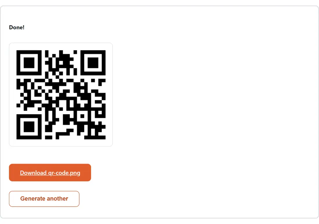 Screenshot of the QR Code Generator result screen showing qr-code.png ready to download (4 KB)