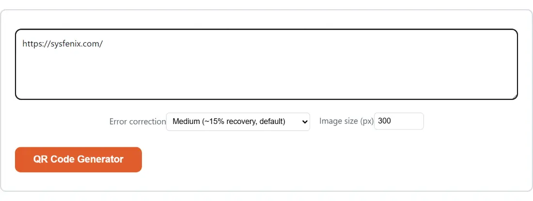 Screenshot of the QR Code Generator tool with the sample input “https://sysfenix.com/”, Error correction set to Medium (~15% recovery, default), Image size (px) set to 300