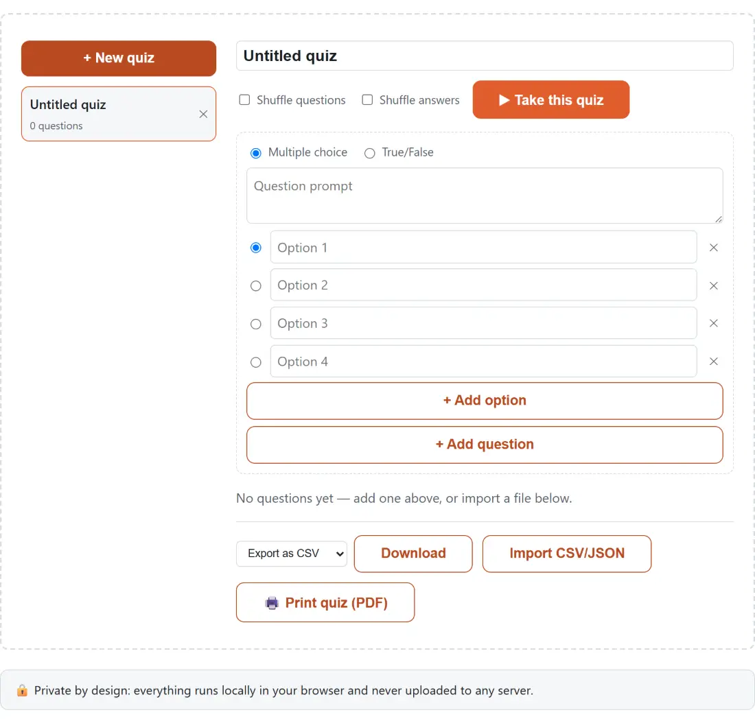 Screenshot of the Quiz Maker result screen showing a new quiz open in the editor, ready for its title and first question