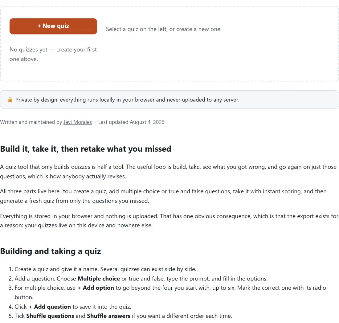 Screenshot of the Quiz Maker tool with an empty quiz list offering to create the first quiz, with the editor waiting on the right for one to be selected