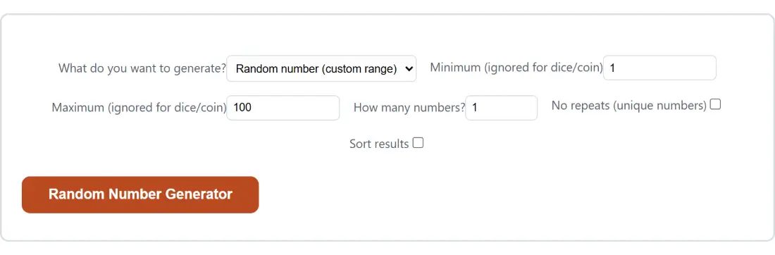 Screenshot of the Random Number Generator tool with What do you want to generate? set to Random number (custom range), Minimum (ignored for dice/coin) set to 1