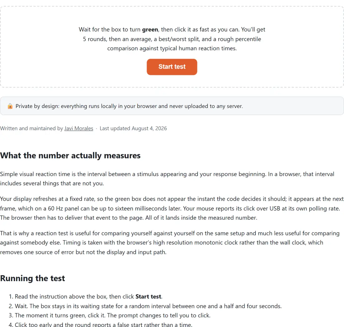 Screenshot of the Reaction Time Test tool with a reaction test explaining the protocol before it starts - wait for the box to turn green then click as fast as you can, over five rounds, reported as an average with a best/worst split