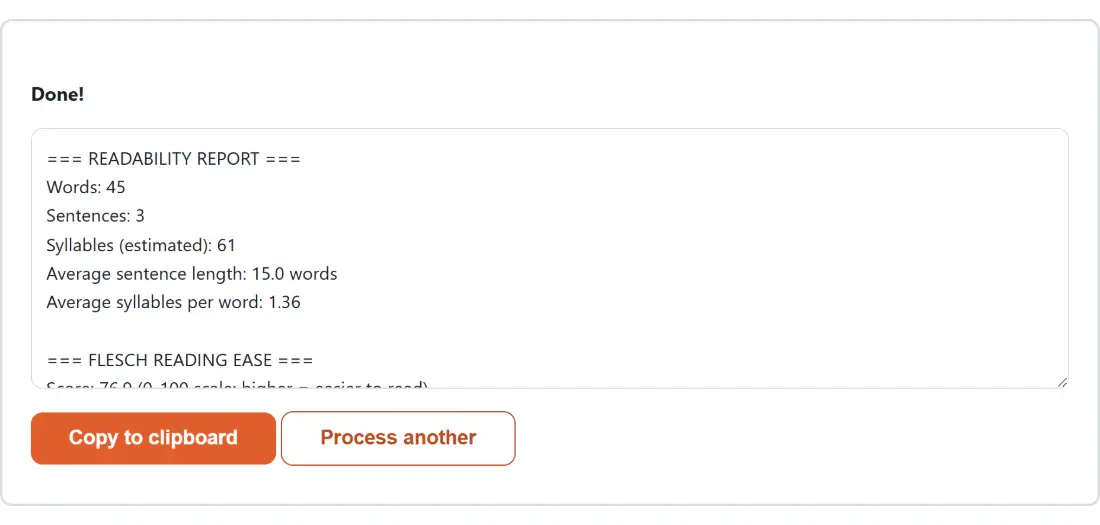 Screenshot of the Readability Checker result screen showing the generated output “=== READABILITY REPORT === Words: 45 Sentences: …”