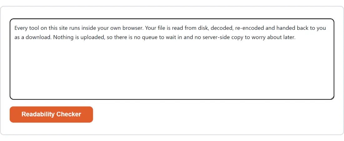 Screenshot of the Readability Checker tool with the sample input “Every tool on this site runs inside your own bro…”