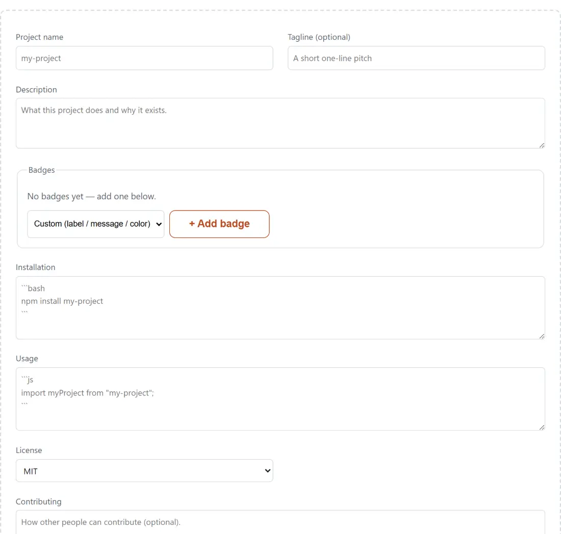 Screenshot of the README Generator tool with a README builder taking project name, tagline and description, with badges added from a list (npm version, GitHub Actions build status, stars and forks, or a custom label/message/colour) and a licence choice