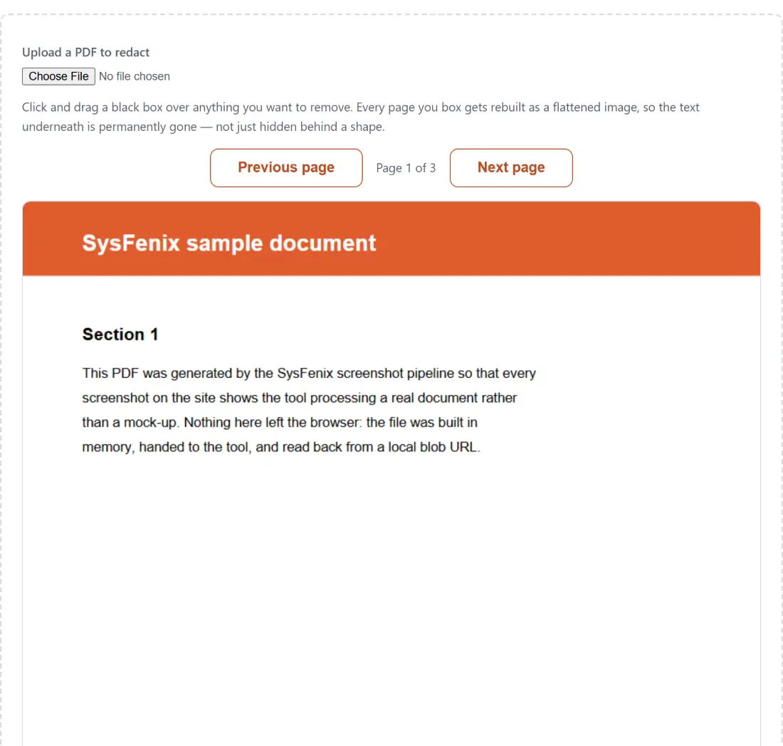 Screenshot of the Redact PDF result screen showing the PDF rendered page by page, ready for redaction boxes to be drawn over the parts to remove