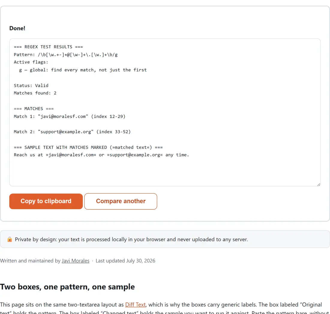 Screenshot of the Regex Tester & Builder result screen showing the generated output “=== REGEX TEST RESULTS === Pattern: /\b[\w.+-]+@…”