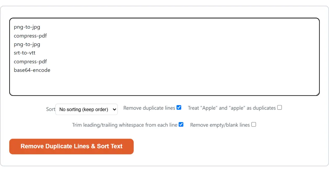 Screenshot of the Remove Duplicate Lines & Sort Text tool with the sample input “png-to-jpg compress-pdf png-to-jpg srt-to-vtt co…”, Sort set to No sorting (keep order), Remove duplicate lines set to on