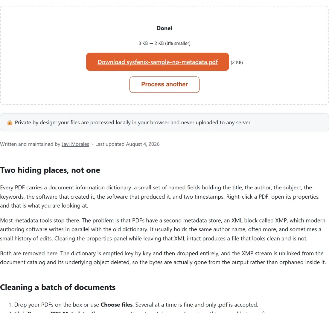 Screenshot of the Remove PDF Metadata result screen showing sysfenix-sample-no-metadata.pdf ready to download (2 KB, 8% smaller)