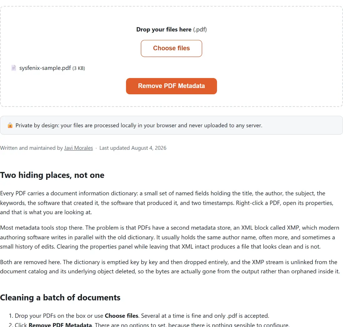 Screenshot of the Remove PDF Metadata tool with sysfenix-sample.pdf (3 KB) loaded