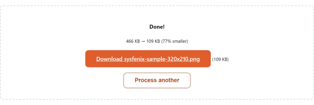 Screenshot of the Resize Images result screen showing sysfenix-sample-320x210.png ready to download (109 KB, 77% smaller)