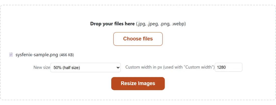 Screenshot of the Resize Images tool with sysfenix-sample.png (466 KB) loaded, New size set to 50% (half size), Custom width in px (used with "Custom width") set to 1280