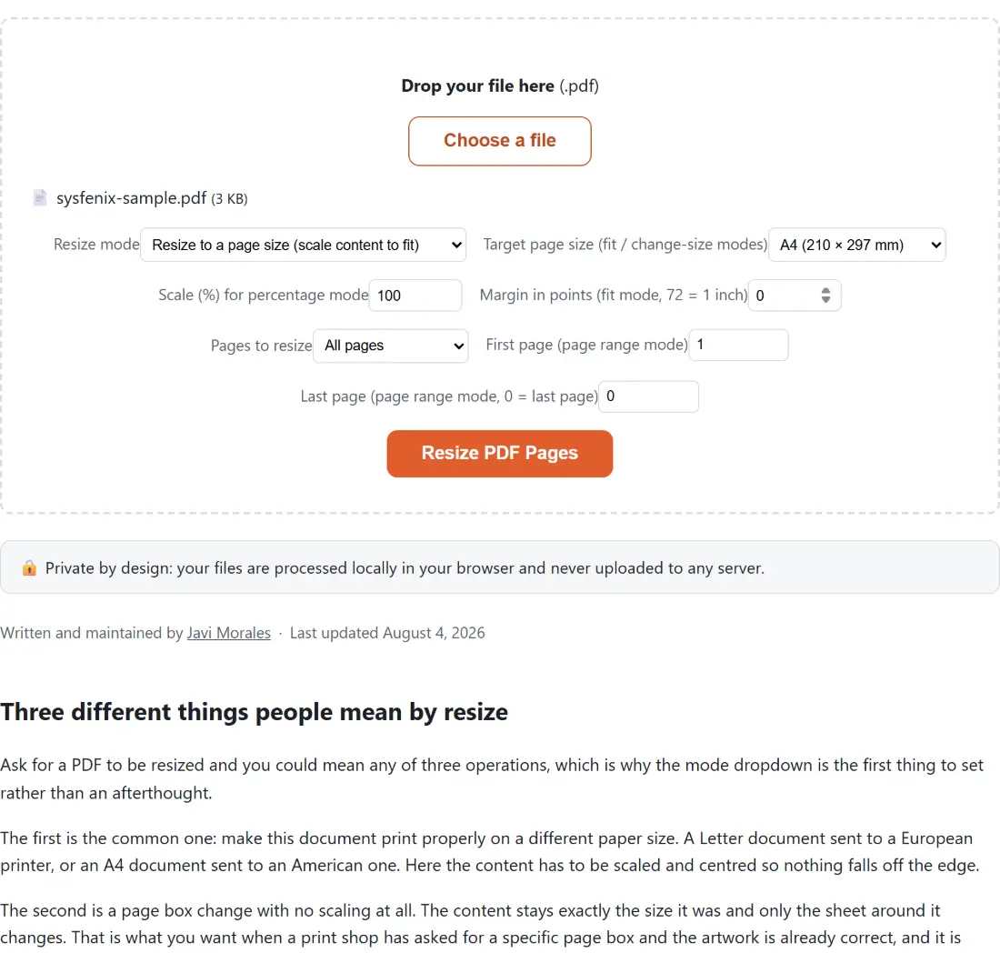 Screenshot of the Resize PDF Pages tool with sysfenix-sample.pdf (3 KB) loaded, Resize mode set to Resize to a page size (scale content to fit), Target page size (fit / change-size modes) set to A4 (210 × 297 mm)
