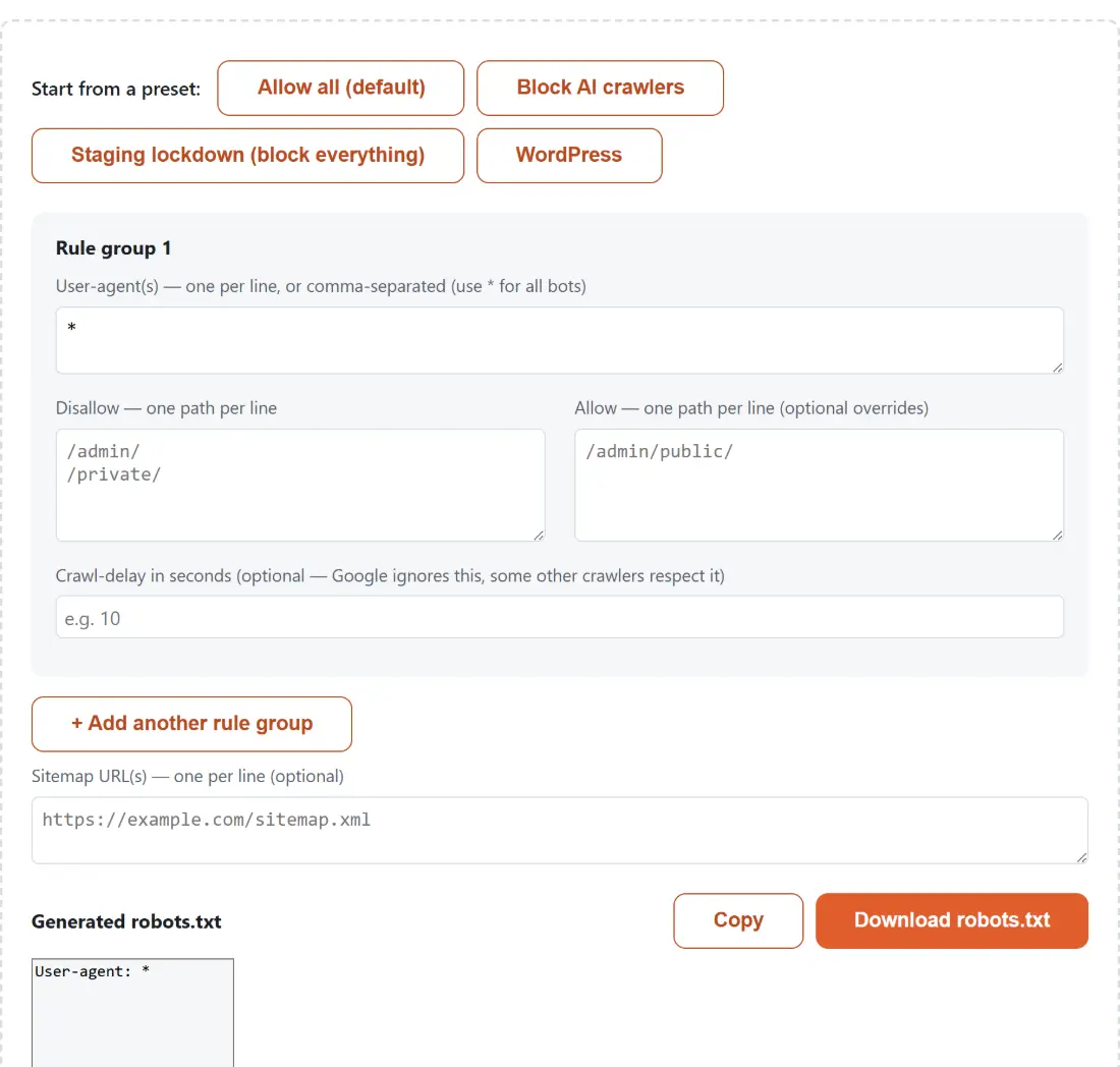 Screenshot of the Robots.txt Generator & Tester tool with presets for allow-all, blocking AI crawlers, a staging lockdown and WordPress, then editable rule groups taking one user-agent per line, assembling the robots.txt beneath them