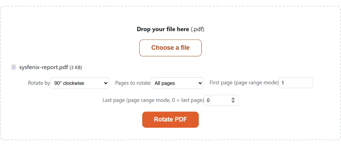 Screenshot of the Rotate PDF tool with sysfenix-report.pdf (3 KB) loaded, Rotate by set to 90° clockwise, Pages to rotate set to All pages